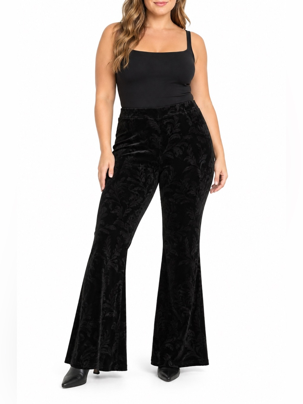 Velvet Pants Womens XXL Black Embossed Floral Burnout Pull On Flare Leg Stretch